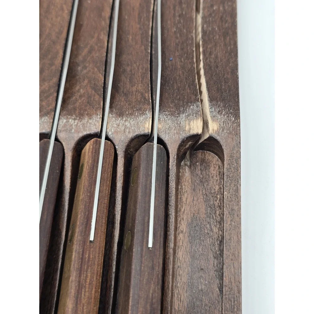VTG Robinson Serrated Steak Knives Stainless Steel USA Wood Handles Set 5 Holder
